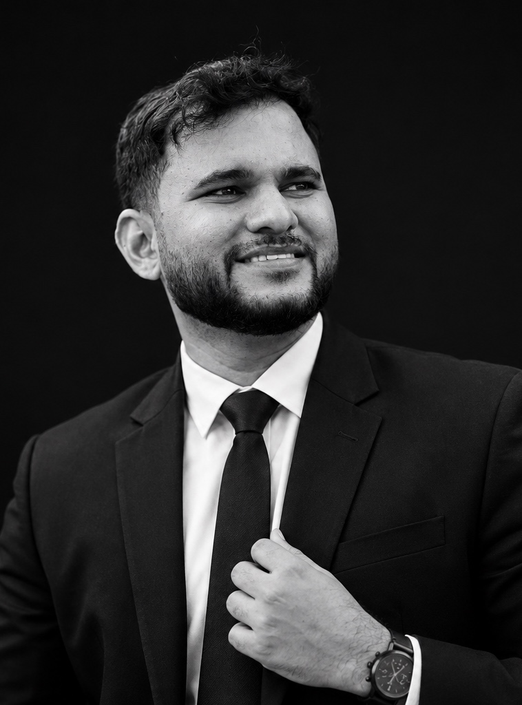 Portrait of Pratik Kathe, smiling, adjusting his tie